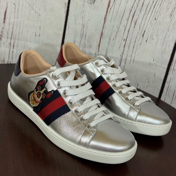 GUCCI ACE Year of the Dog Metallic Silver Women’s Napa Leather Sneakers 7 NiB - Picture 10 of 17